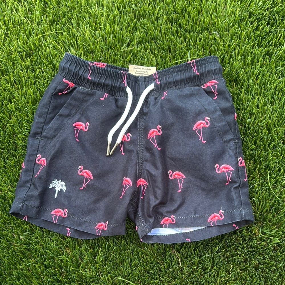 OAS size 2 Black Kids Swim Shorts with Pink Flamingos